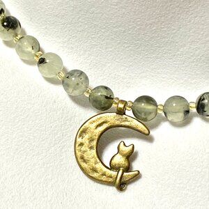 Genuine Prehnite Short Necklace, Gemstone & Bronze Cat on the Moon Pendant